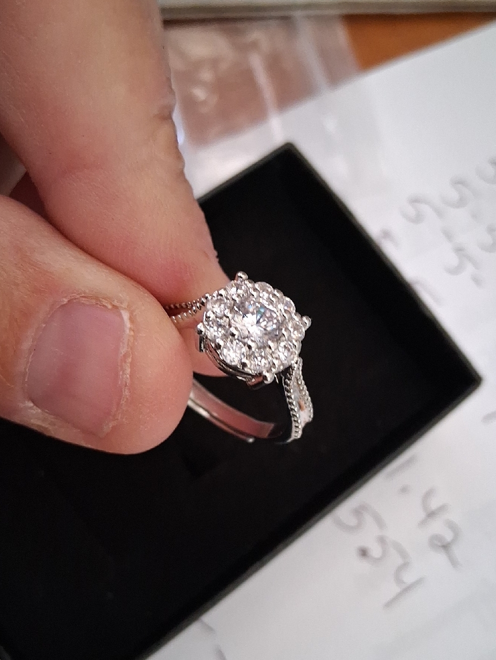 Sterling Silver Halo Solitaire Ring with Clear Stones - White